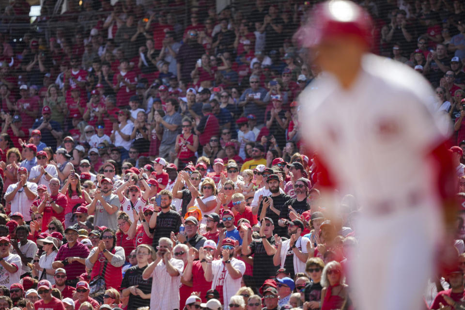 Fans cheer for Cincinnati Reds' Joey Votto as he prepares to bat during the second inning of a baseball game against the Pittsburgh Pirates in Cincinnati, Sunday, Sept. 24, 2023. (AP Photo/Aaron Doster)