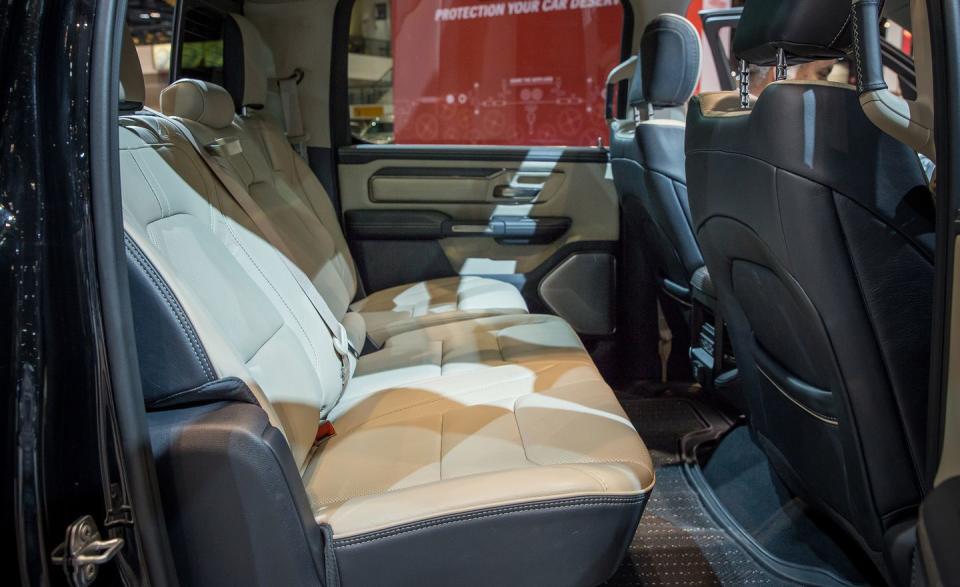 <p>Ram 1500 crew-cab models also see rear-seat legroom grow from 40.3 inches in the current truck to <a rel="nofollow noopener" href="https://www.caranddriver.com/bentley/mulsanne" target="_blank" data-ylk="slk:a Bentley Mulsanne;elm:context_link;itc:0;sec:content-canvas" class="link ">a Bentley Mulsanne</a>–besting 45.2 inches in the new truck. Upper-crust versions treat those in the rear to available heated and cooled seats and also include seatbacks that offer eight degrees of recline. An available panoramic sunroof extends over both rows of seats.</p>