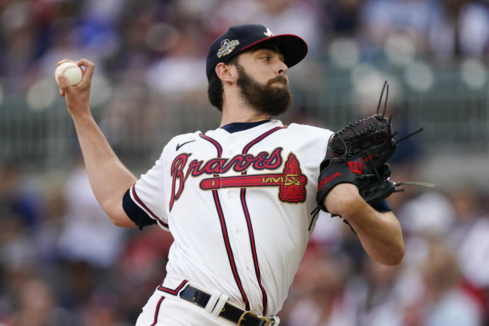 Atlanta Braves starting pitcher Ian Anderson works against the Oakland Athletics during the first inning of a baseball game Wednesday, June 8, 2022, in Atlanta. (AP Photo/John Bazemore)