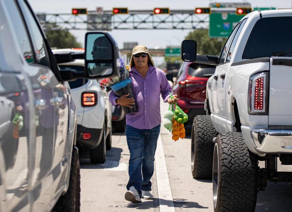 El vendedor ambulante Eddy Rivera es visto vendiendo frutas y flores cerca de la intersección de Red Road y Northwest 138th St., el martes 2 de mayo de 2023, en Miami Lakes, Florida.