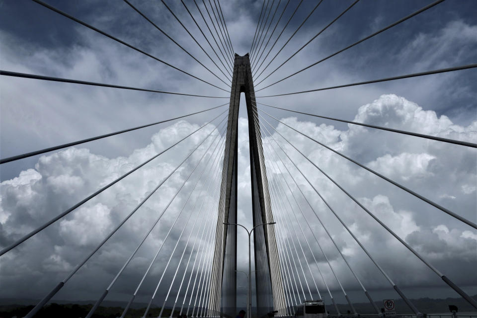 The new bridge that spans the Panama Canal stands in Colon, Panama, Friday, August 2, 2019. The 4.6 km bridge spans the canal but on the Caribbean side of the country. (AP Photo/Eric Batista)