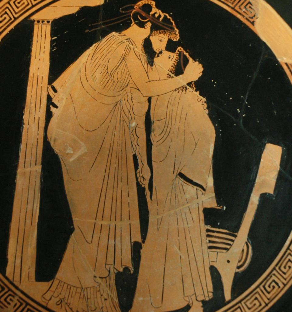 Erastes (lover) and eromenos (beloved) kiss in a scene an Attic cup created circa 480 BC. <a href="https://commons.wikimedia.org/wiki/File:Kiss_Briseis_Painter_Louvre_G278.jpg" rel="nofollow noopener" target="_blank" data-ylk="slk:Wikimedia;elm:context_link;itc:0;sec:content-canvas" class="link ">Wikimedia</a>