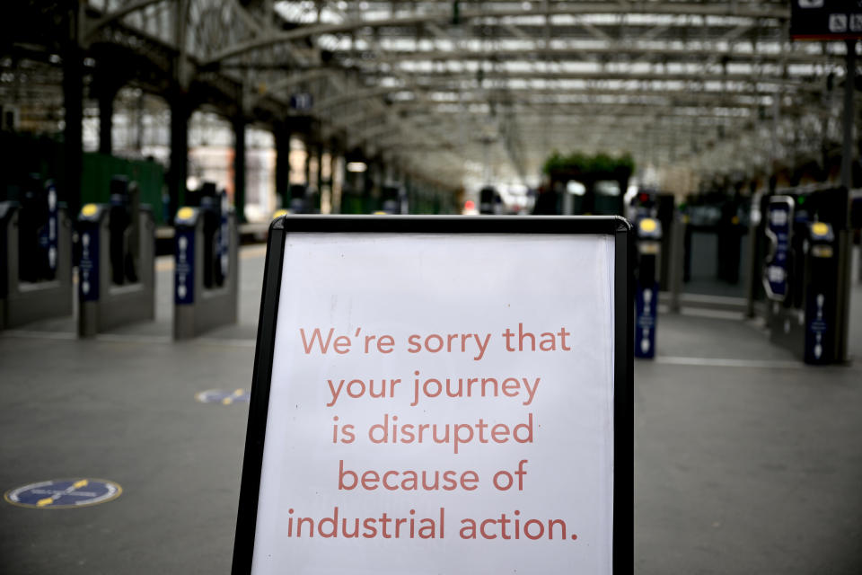 GLASGOW, SCOTLAND - JUNE 21 A view inside Central Station on June 21, 2022 in Glasgow, Scotland. The biggest rail strikes in 30 years started on Monday night with trains cancelled across the UK for much of the week. The action is being taken by Network Rail employees plus onboard and station staff working for 13 train operators across England. Thousands of jobs are at risk in maintenance roles and ticket office closures were planned as well as pay freezes during the cost of living crisis, says the RMT union. (Photo by Jeff J Mitchell/Getty Images)