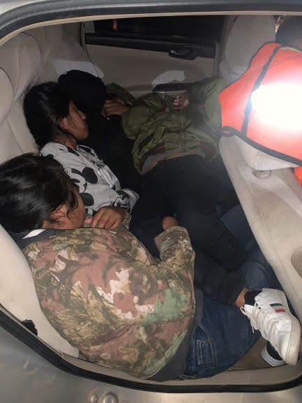 Border Patrol agents found 10 migrants squeezed into a sedan that drove illegally over the border into Arizona through a gap in border wall construction east of Douglas on Oct. 15, 2020.