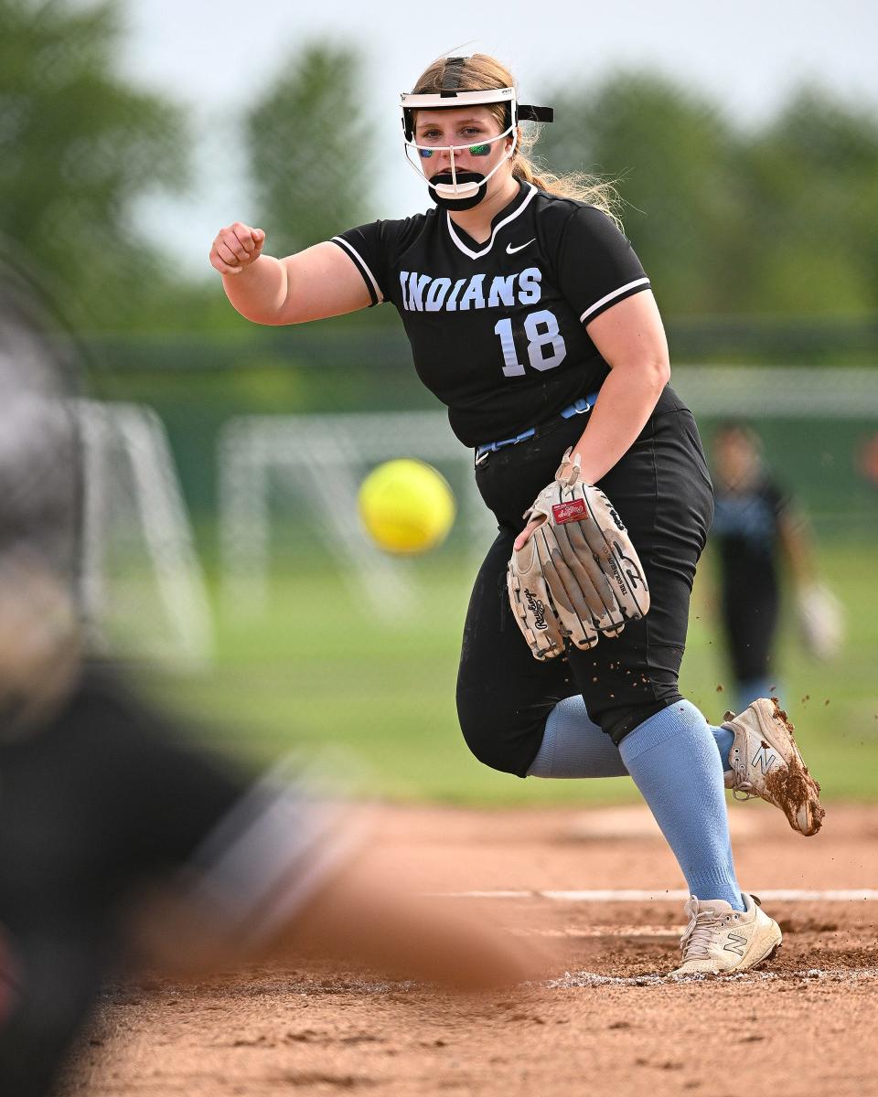 St. Joseph’s Savannah Hamilton pitches in the first inning of the championship game of the Class 3A Softball Sectional Thursday, May 26, 2022, at Newton Park in Lakeville.