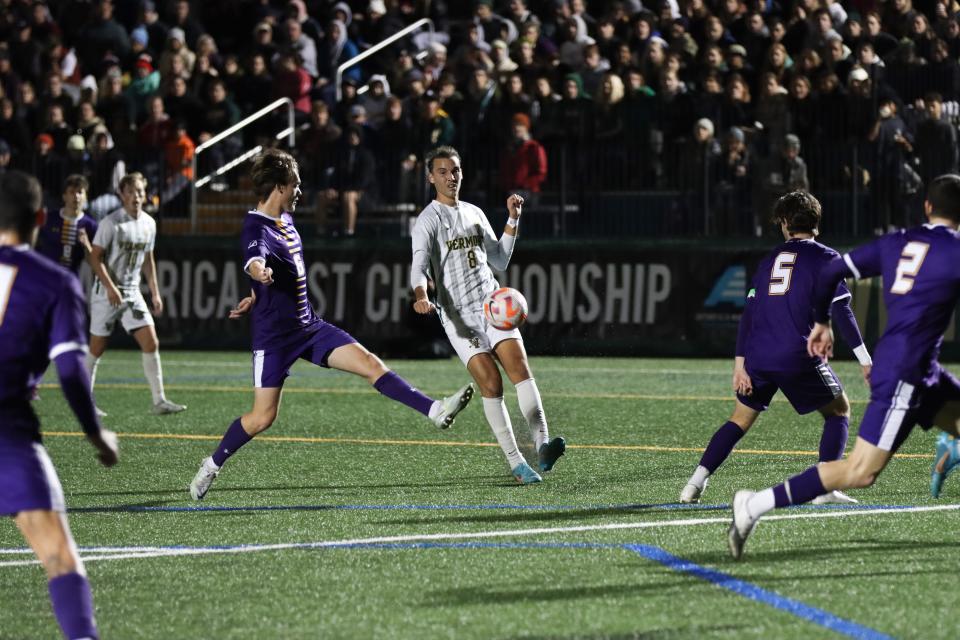 Yves Borie (8) looks to attack during Vermont's 1-0 loss to Albany in Thursday's America East men's soccer semifinals at Virtue Field.