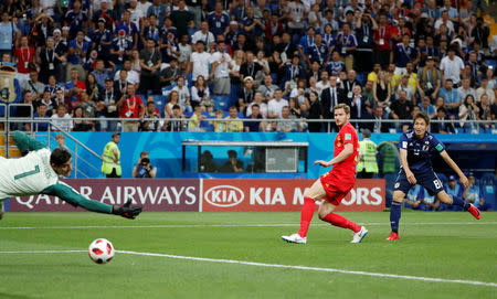 Soccer Football - World Cup - Round of 16 - Belgium vs Japan - Rostov Arena, Rostov-on-Don, Russia - July 2, 2018 Japan's Genki Haraguchi scores their first goal REUTERS/Jorge Silva