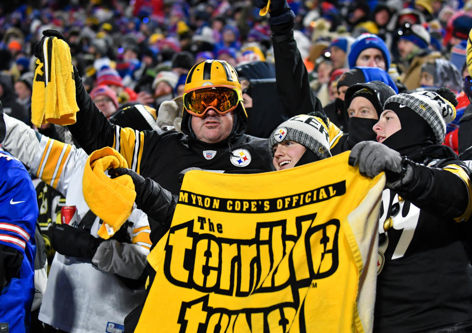 Jan 15, 2024; Orchard Park, New York, USA; Pittsburgh Steelers fans at the 2024 AFC wild card game against the Buffalo Bills at Highmark Stadium. Mandatory Credit: Mark Konezny-USA TODAY Sports