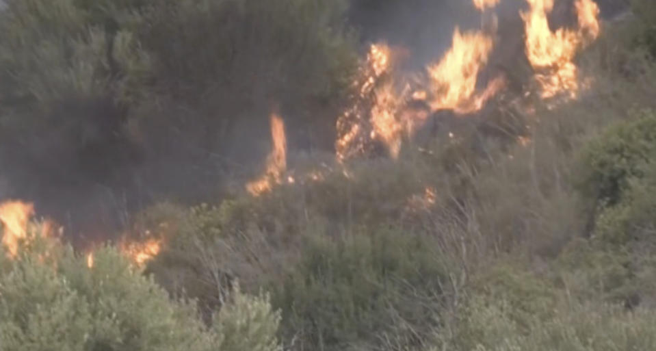 In this image taken from video, a wildfire burns in Zbarbar, Bouira Province, Algeria, Monday, July 24, 2023. Wildfires raging across Algeria have killed multiple people as they burn in scorching temperatures and high winds. (AP Photo)