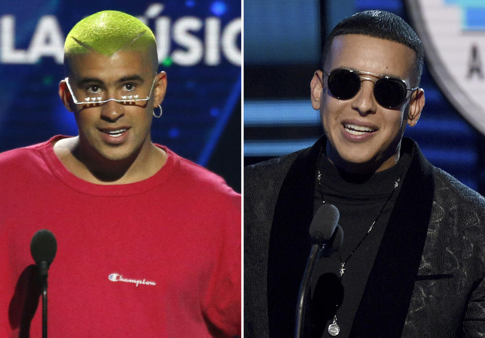 Bad Bunny, a la izquierda, recibe un Premio Billboard de la Música Latina el 25 de abril de 2019 en Las Vegas, y Daddy Yankee recibe el premio al artista masculino favorito en los Latin American Music Awards el 25 de octubre del 2018 en Los Angeles. Bad Bunny y Daddy Yankee triunfaron en los Premios Billboard de la Música Latina el miércoles 21 de octubre del 2020 al alzarse con siete galardones cada uno. Bad Bunny no estuvo presente. (AP Foto)