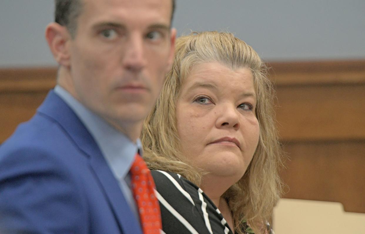 Rebecca Ann Shafer, with attorney Wesley Freeman, listens to prosecutor during her sentencing in Richland County Common Pleas Court on Monday.