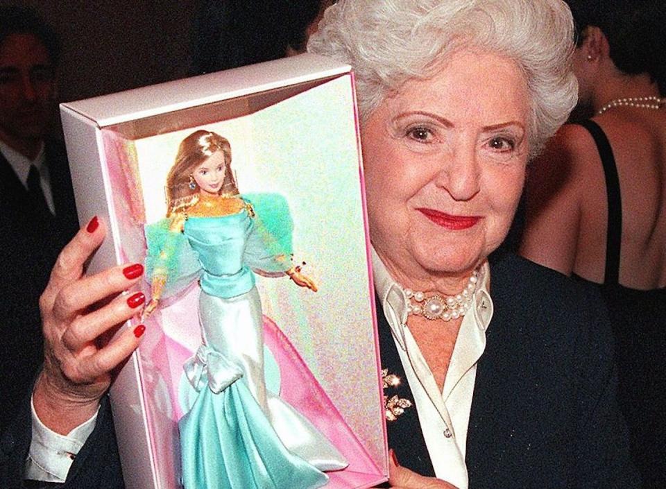 Ruth Handler, the inventor of the Barbie doll, with her creation in 1999. <a href="https://www.gettyimages.com/detail/news-photo/ruth-handler-mattel-inc-co-founder-and-inventor-of-the-news-photo/51622682?adppopup=true" rel="nofollow noopener" target="_blank" data-ylk="slk:Matt Campbell/AFP via Getty Images;elm:context_link;itc:0;sec:content-canvas" class="link ">Matt Campbell/AFP via Getty Images</a>