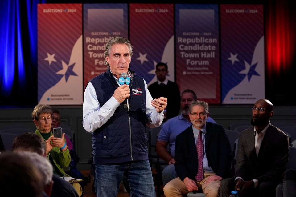 Oct 13, 2023; Exeter, NH, USA; Republican presidential candidate Doug Burgum speaks during the Seacoast Media Group and USA TODAY Network 2024 Republican Presidential Candidate Town Hall Forum held in the historic Exeter Town Hall in Exeter, New Hampshire. The current Governor of North Dakota spoke to prospective New Hampshire voters about issues during the hour-long forum. Mandatory Credit: Jack Gruber-USA TODAY ORG XMIT: USAT-731985 ORIG FILE ID: 20231013_ajw_usa_090.JPG