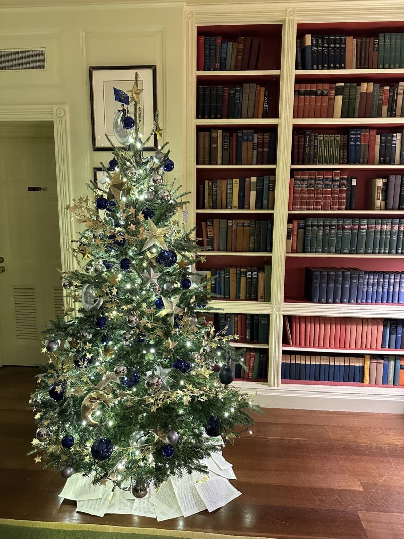 wall of leather bound books with small blue, green, and silver Christmas tree