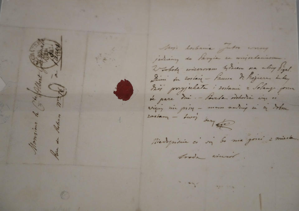 Original letter by Frederic Chopin to a friend, which is among new items on display at the refurbished museum of the Polish 19th century pianist and composer that opens this week, displaying also other new, original items, at the Frederic Chopin Museum in Warsaw, Poland, Thursday, April 27, 2023. Popular among Poles and foreign tourists, the museum to Poland’s greatest 19th-century musician closed in the fall of 2022 for the renovation and rearrangement works. (AP Photo/Czarek Sokolowski)