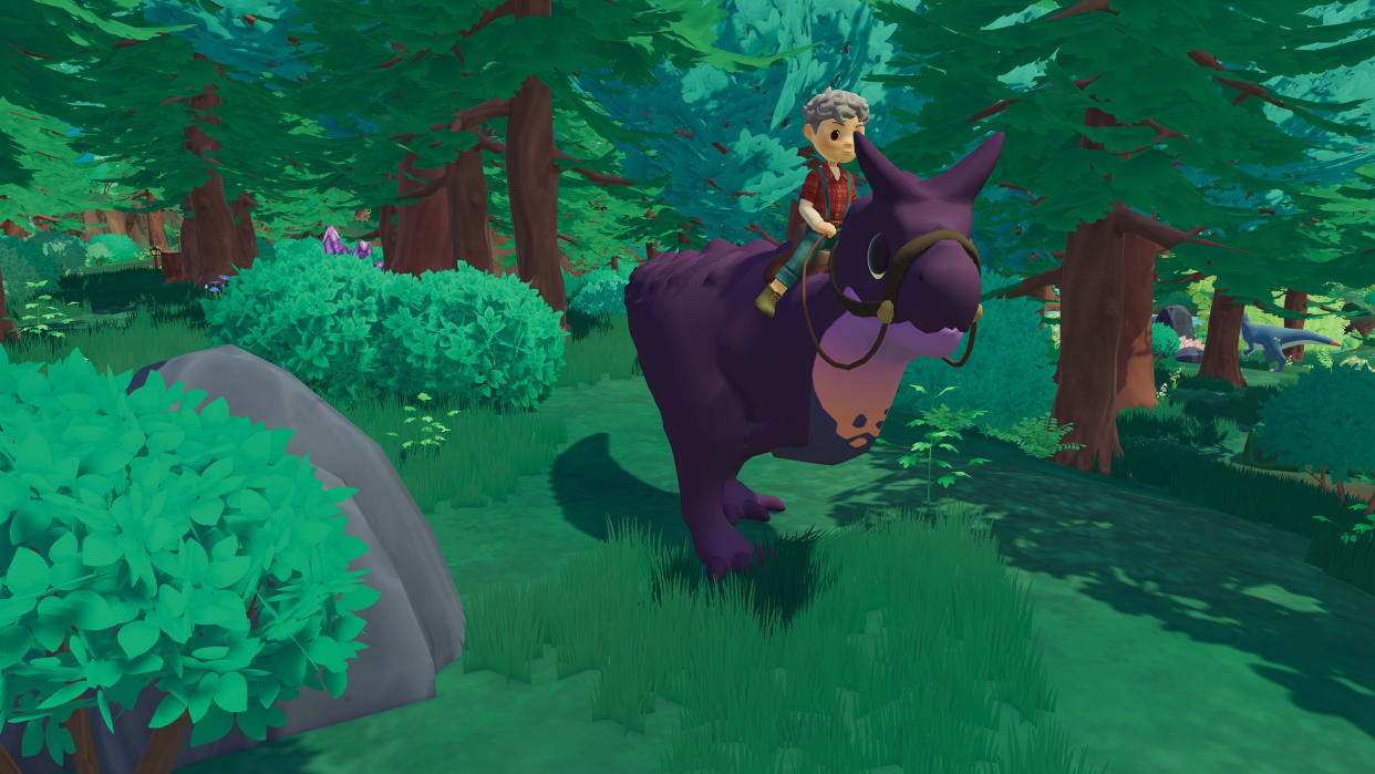  A player made character riding a purple Carnotaurus in Paleo Pines. 