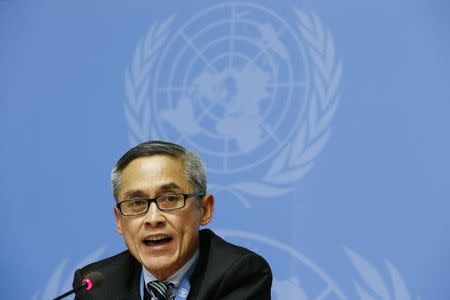 Vitit Muntarbhorn adresses the media during a news conference at the United Nations headquarters in Geneva, Switzerland, June 23, 2015. REUTERS/Pierre Albouy