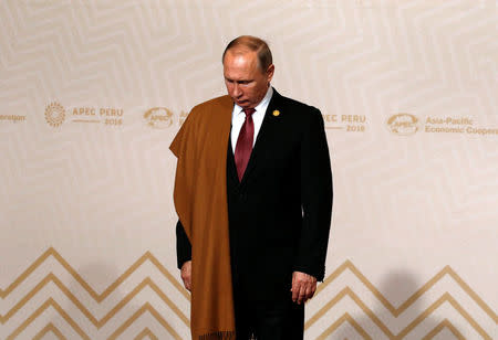 Wearing a Peruvian shawl, Russian President Vladimir Putin takes his position for a family photo at the APEC Summit in Lima, Peru November 20, 2016. REUTERS/Kevin Lamarque