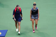 Lucie Hradecká, left, and Linda Nosková, of the Czech Republic, arrive for their first-round doubles match against Serena Williams and Venus Williams, of the United States, at the U.S. Open tennis championships, Thursday, Sept. 1, 2022, in New York. (AP Photo/Frank Franklin II)