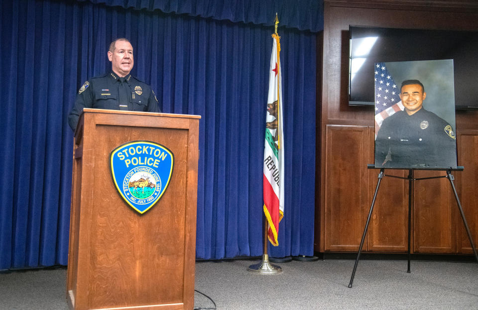 Stockton Police Chief Eric Jones speaks at a press conference at Police headquarters in downtown Stockton about officer Jimmy Inn who was shot and killed in the line of duty while on a domestic abuse call on La Cresta Way in Stockton on Tuesday, May 11, 2021. The suspect was also shot and killed during the call. (Clifford Oto/The Stockton Record via AP)