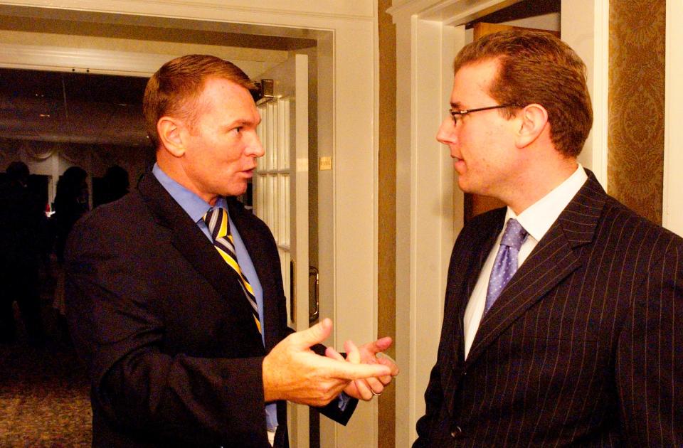 Essex County Clerk Christopher J. Durkin, left, speaking with Montclair Democratic County Committee Chair Brendan Gill at a committee fundraiser on Thursday, Oct. 18, 2007.