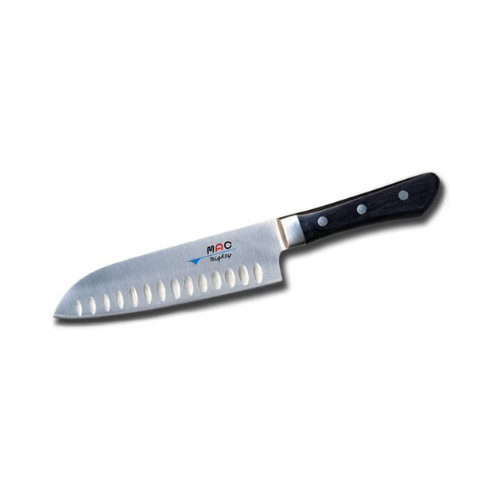 hollow edge santoku chef knife against white background