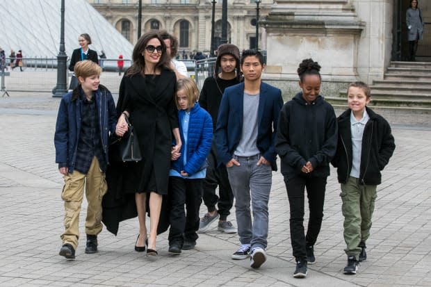 Angelina Jolie and her and Brad Pitt's children Maddox Jolie-Pitt, Shiloh Jolie-Pitt, Vivienne Marcheline Jolie-Pitt, Knox Leon Jolie-Pitt, Zahara Jolie-Pitt and Pax Jolie-Pitt are seen leaving the Louvre museum on Jan. 30, 2018, in Paris, France.<p><a href="https://www.gettyimages.com/detail/912177614" rel="nofollow noopener" target="_blank" data-ylk="slk:Marc Piasecki/Getty Images" class="link ">Marc Piasecki/Getty Images</a></p>