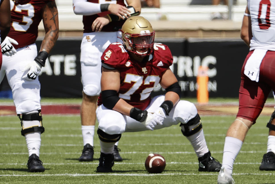 Boston College center Alec Lindstrom (72) could help firm up the Bears' offensive line and be their center for the next several years. (Photo by Fred Kfoury III/Icon Sportswire via Getty Images)
