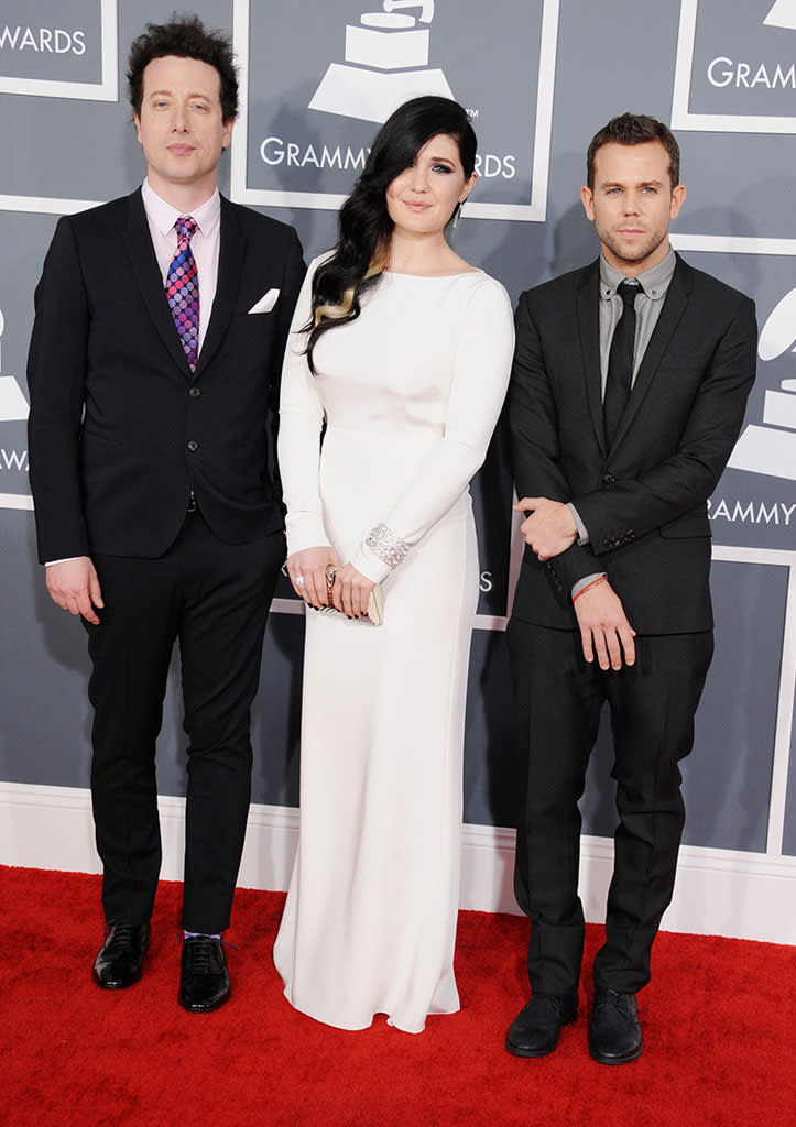 Morgan Kibby and Anthony Gonzalez of M83 arrive at the 55th Annual Grammy Awards at the Staples Center in Los Angeles, CA on February 10, 2013.