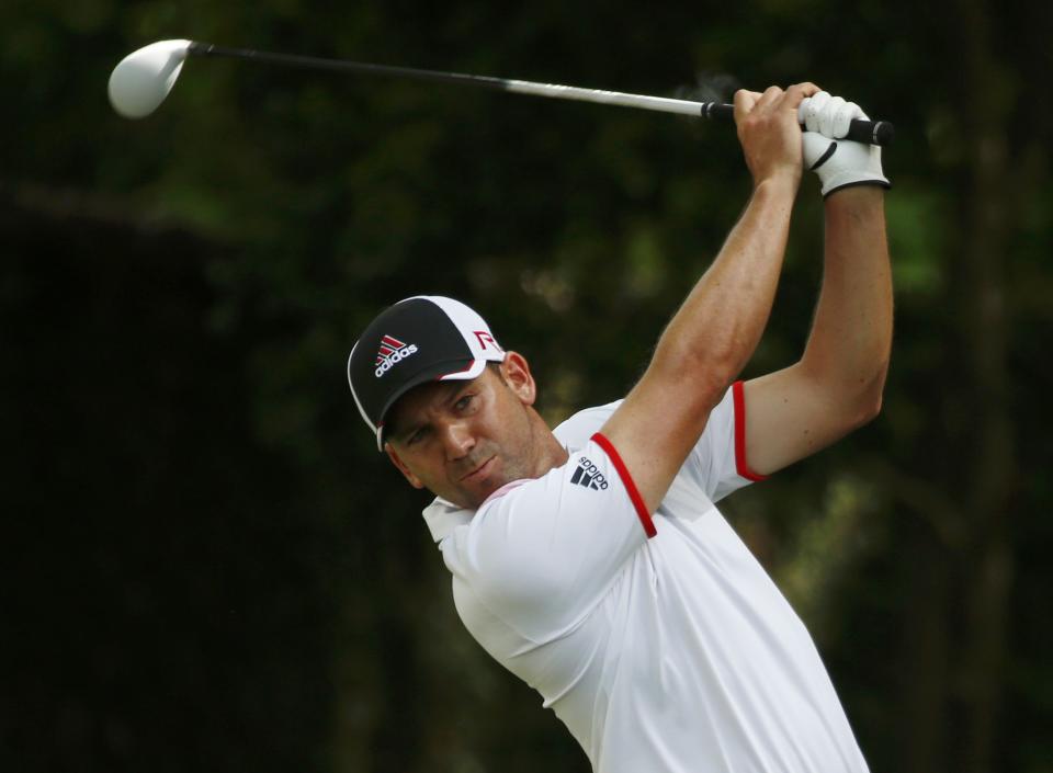 Sergio Garcia of Spain hits a driver off the second tee during second round play of the Masters golf tournament at the Augusta National Golf Course in Augusta, Georgia April 10, 2015. REUTERS/Mark Blinch