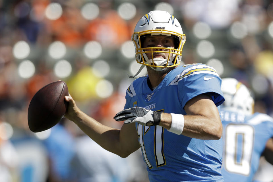 Los Angeles Chargers quarterback Philip Rivers passes against the Denver Broncos during the first half of an NFL football game Sunday, Oct. 6, 2019, in Carson, Calif. (AP Photo/Marcio Jose Sanchez)