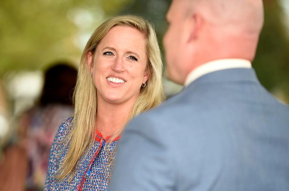 District Attorney Natalie Paine greets supporters during a campaign event at Evans Towne Center Park in Evans, Ga., Monday afternoon Sept. 28, 2020.