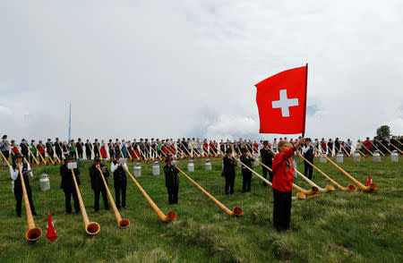 A flag thrower and alphorn blowers perform on the last day of the Alphorn International Festival on the alp of Tracouet in Nendaz, southern Switzerland, July 22, 2018. REUTERS/Denis Balibouse