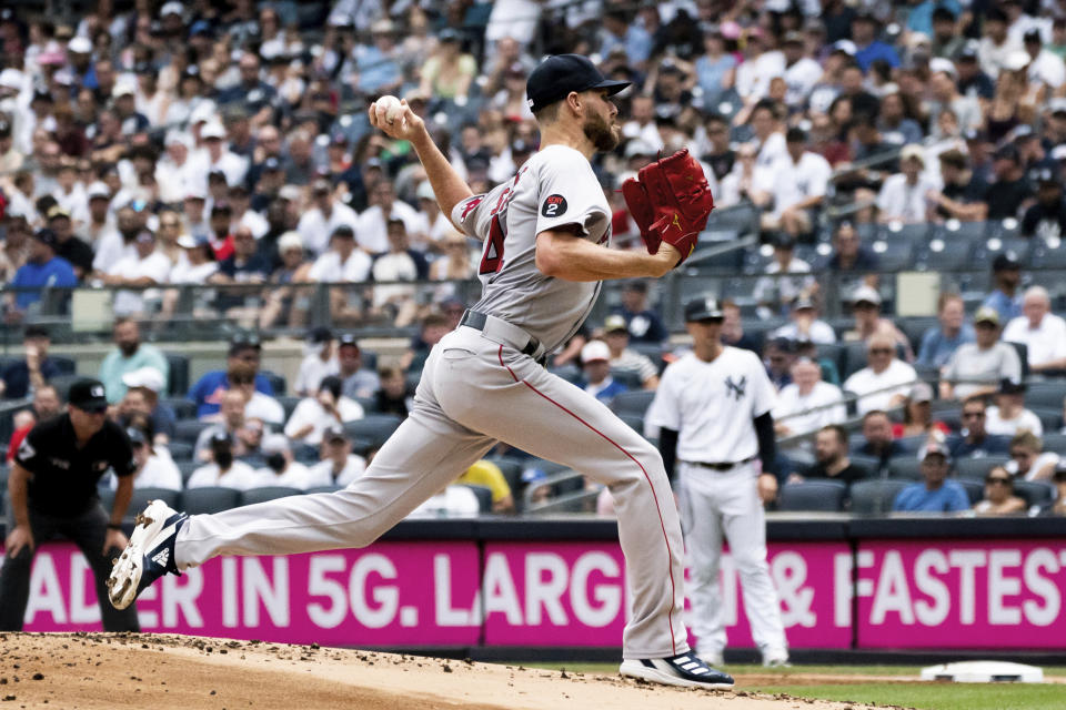 Boston Red Sox starting pitcher Chris Sale throws during the first inning of a baseball game against the New York Yankees, Sunday, July 17, 2022, in New York. (AP Photo/Julia Nikhinson)