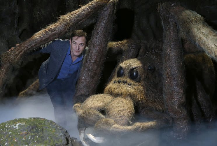 Jason Isaacs sidles up to Aragog the Acromantula at the ‘Forbidden Forest’ addition to the Warner Brothers U.K. studio tour ‘The Making of Harry Potter.’ The attraction will open to the public on March 31. (Photo: AP/Alastair Grant)