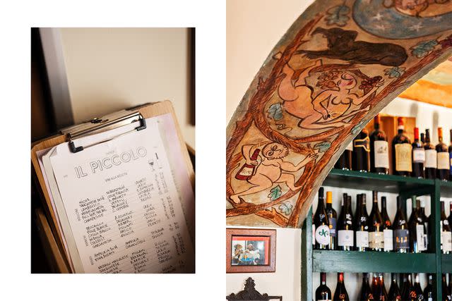 <p>Camilla Glorioso</p> From left: The drinks list at Enoteca Il Piccolo, a wine bar near the Piazza Navona; a portion of Il Piccolo's wine collection.