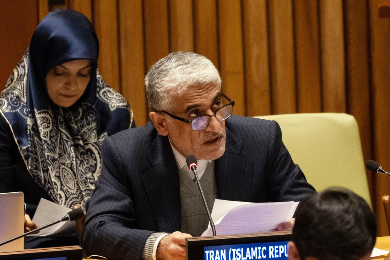 Permanent Representative of Iran Amir Saeid Iravani during the 5th plenary meeting of the Economic and Social Council regarding the removal of the Islamic Republic of Iran from membership in the Commission on the Status of Women at the United Nations (Yuki Iwamura  / AFP - Getty Images)