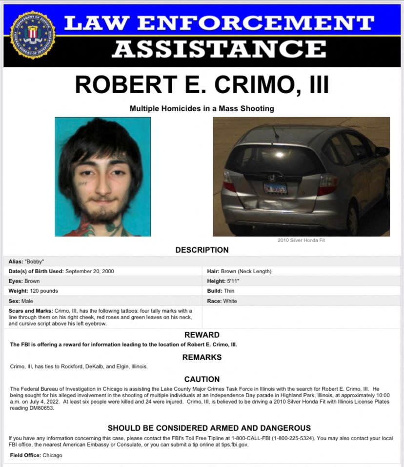 Robert (Bob) E. Crimo III, a person of interest in the mass shooting that took place at a Fourth of July parade route in the wealthy Chicago suburb of Highland Park, Illinois, U.S. is seen in this wanted poster released July 4, 2022. Lake County Sheriff's Office/Handout via Reuters THIS IMAGE HAS BEEN SUPPLIED BY A THIRD PARTY