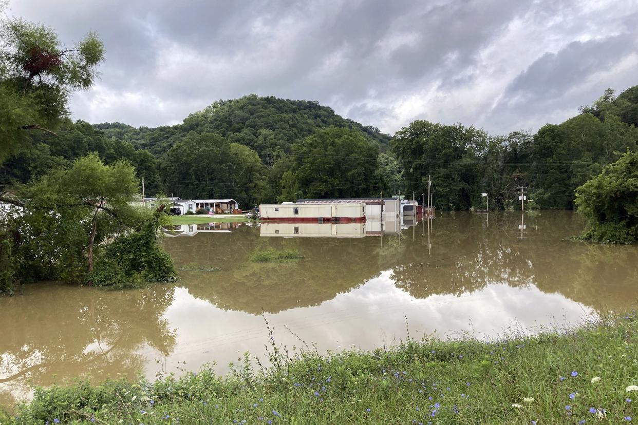 Several mobile homes in Jackson, Ky. are flooded on Friday, July 29, 2022. Heavy rains poured into Appalachia this week, displacing hundreds of people.