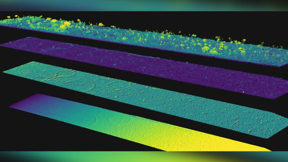 Shown are lidar data outputs for investigating earthworks beneath the Amazon's forest canopy. The first (from top) is the lidar point cloud colored by its height. What follows is the terrain slope; hillshade, which recreates the sun's effects to depict the topography more clearly; and elevation of an earthworks cluster. - Vinicius Peripato