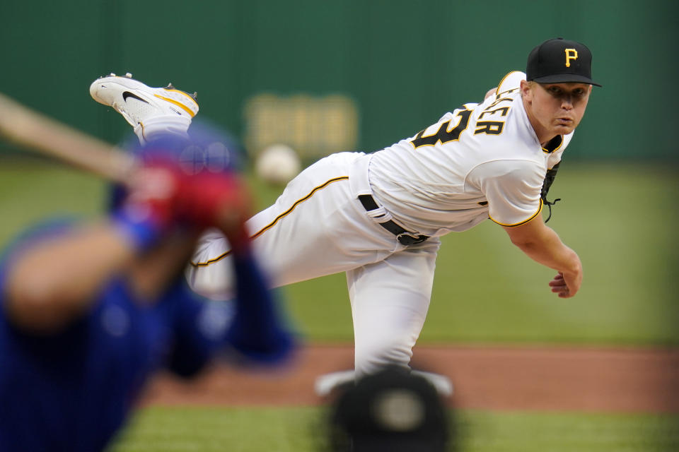 Pittsburgh Pirates starting pitcher Mitch Keller delivers during the second inning of the team's baseball game against the Chicago Cubs in Pittsburgh, Saturday, April 10, 2021. (AP Photo/Gene J. Puskar)