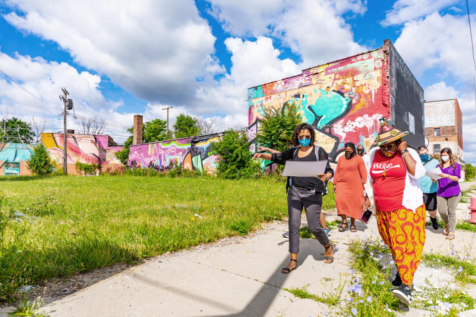 Deanna leading a site tour at the Love Building in Detroit in July 2020 (Stephanie Kamera)