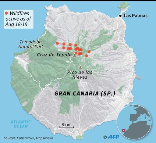 Location of fires active on August 18-19 on the Spanish island of Gran Canaria