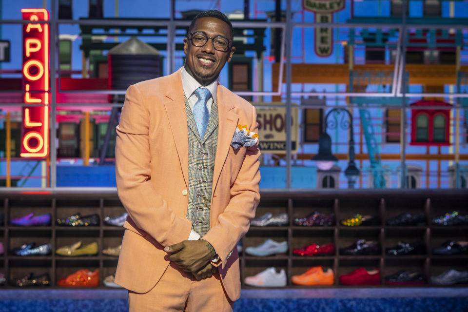 Talk show host Nick Cannon poses for a portrait on the set of "Nick Cannon" at Metropolitan Studios in New York on Sept. 16, 2021. His nationally syndicated daytime talk show premieres Sept. 27 on Fox Television Stations. (Photo by Andy Kropa/Invision/AP)