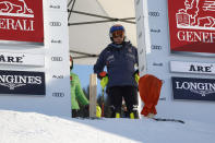 United States' Mikaela Shiffrin inspects the course during an alpine ski, women's World Cup slalom, in Are, Sweden, Sunday, March 10, 2024. Shiffrin is returning to competitions after her crash in the Cortina d'Ampezzo downhill in January, where she suffered an MCL sprain as well as a tibia-fibula ligament sprains at both the knee and ankle. (AP Photo/Alessandro Trovati)