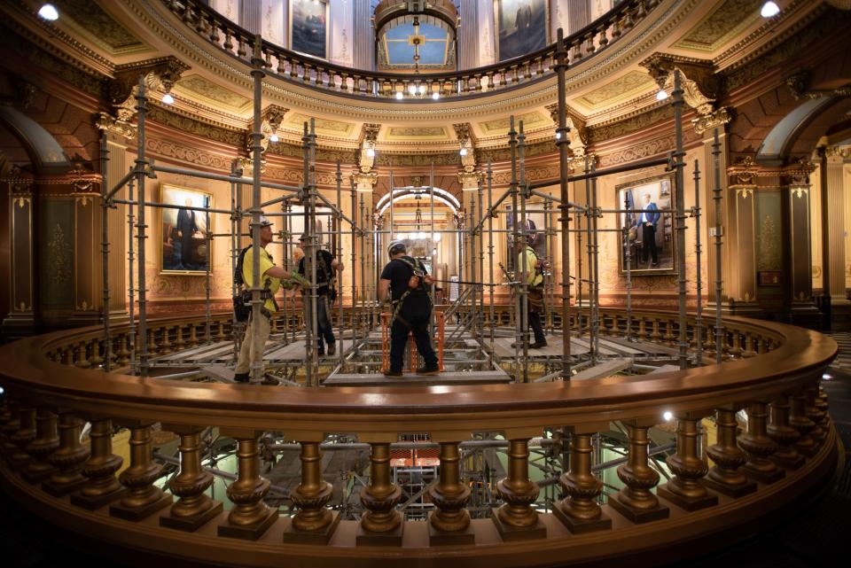 Workers install scaffolding in the Capitol rotunda Tuesday, June 20, 2023. The project began June 6 and is expected be done near the end of July.