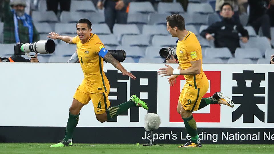 Cahill's aeroplane celebration sparked controversy. Pic: Getty