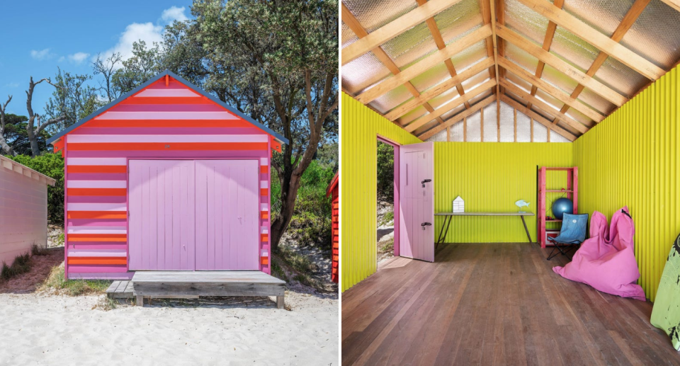 The left image shows the outside of the shed, which is pink and red striped. The right image reveals the inside of the half a million dollar shed as bright green with pink accents.