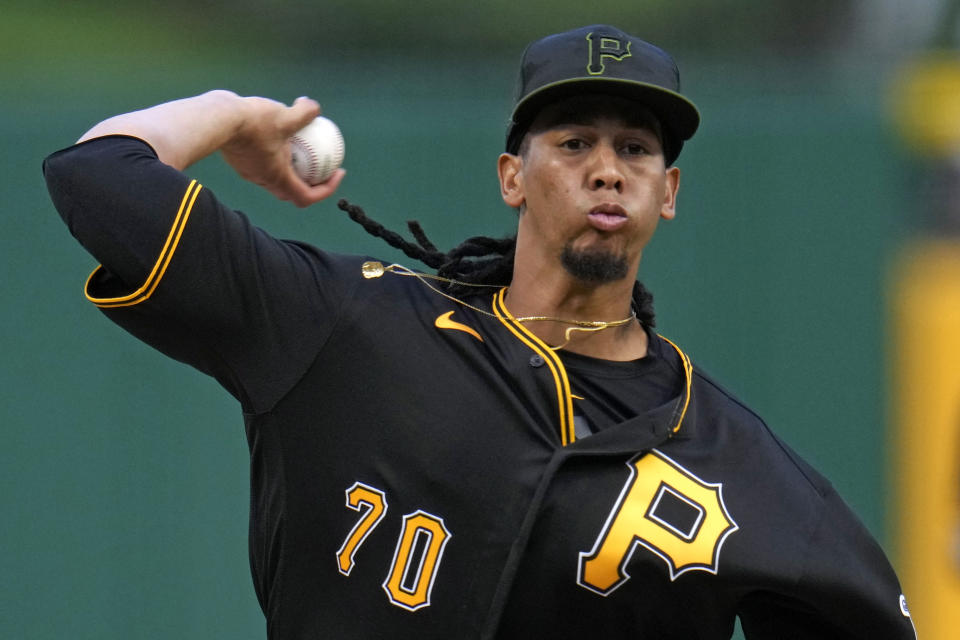 Pittsburgh Pirates starting pitcher Osvaldo Bido delivers during the first inning of a baseball game against the Atlanta Braves in Pittsburgh, Monday, Aug. 7, 2023. (AP Photo/Gene J. Puskar)