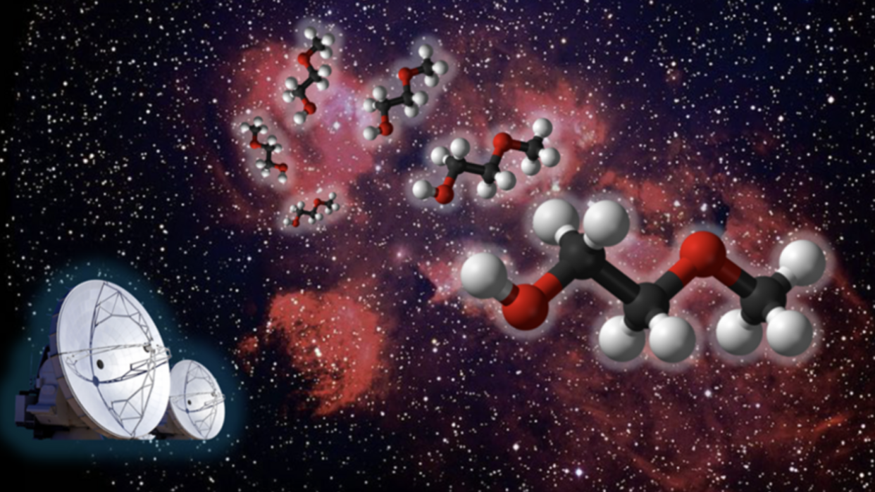  A view of space with an illustration of molecules on the right and a telescope array on the bottom left. 